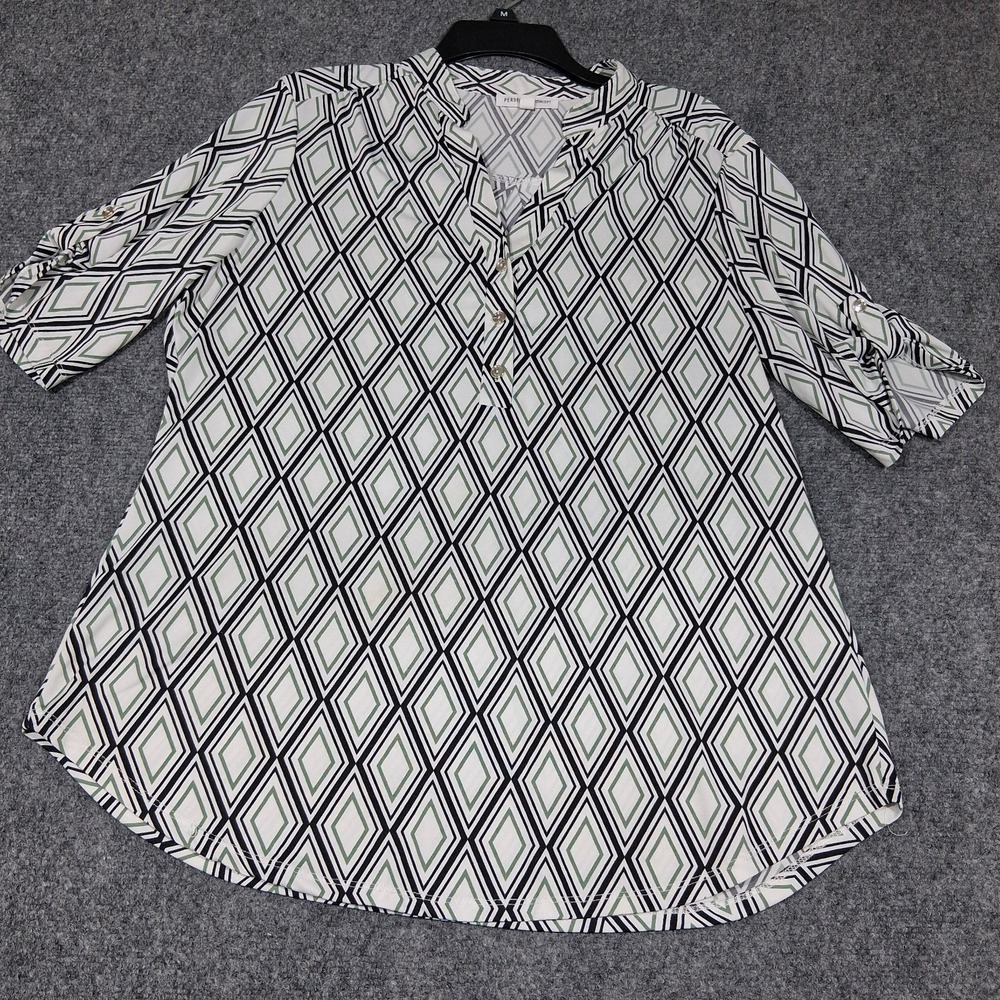 PERCEPTION CONCEPT Blck & White Green Top XL Women V Neck Short Sleeve Casual